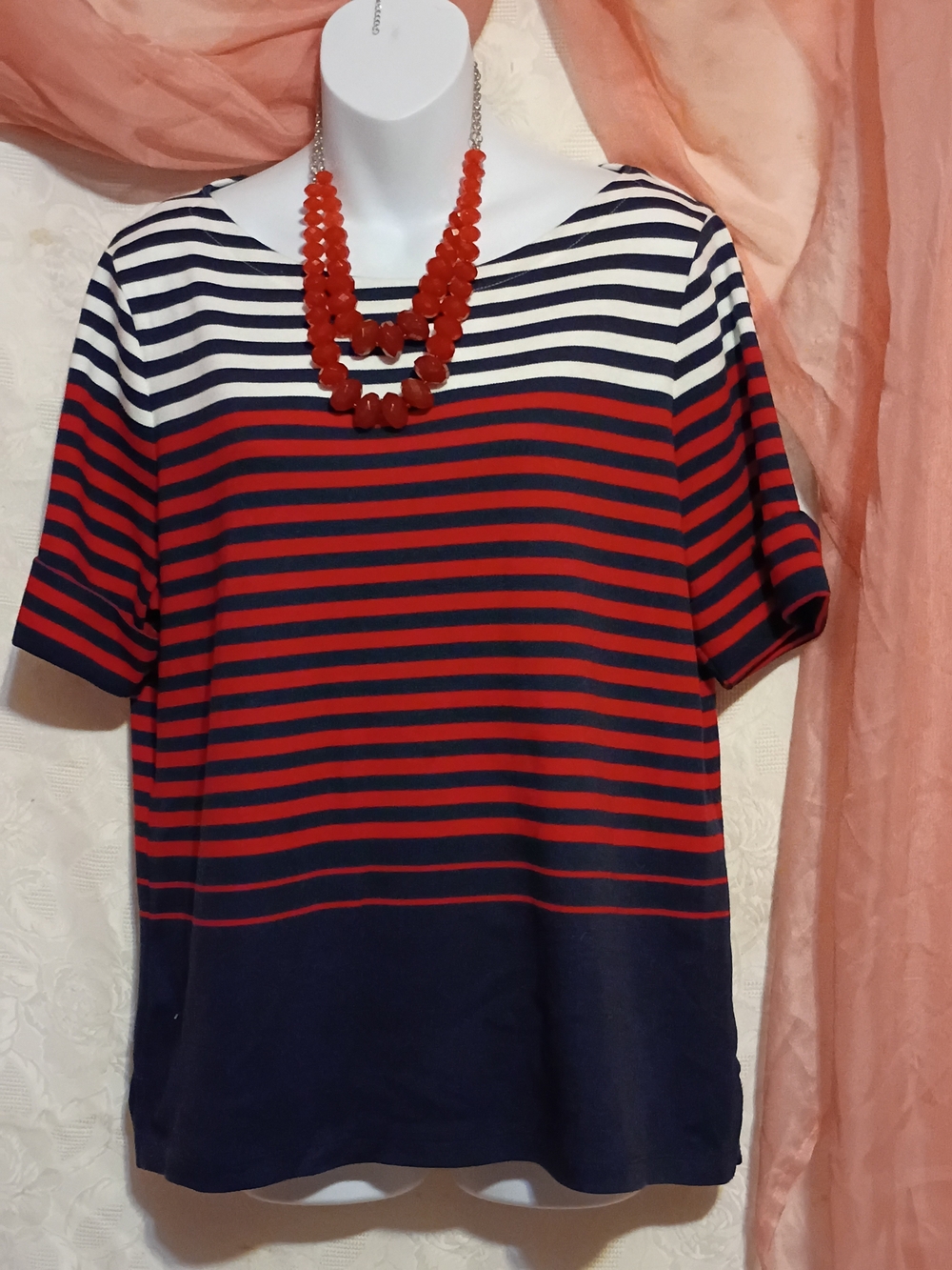Karen Scott Ladies Navy, Red and White Striped Short Sleeve Top Sz XLP